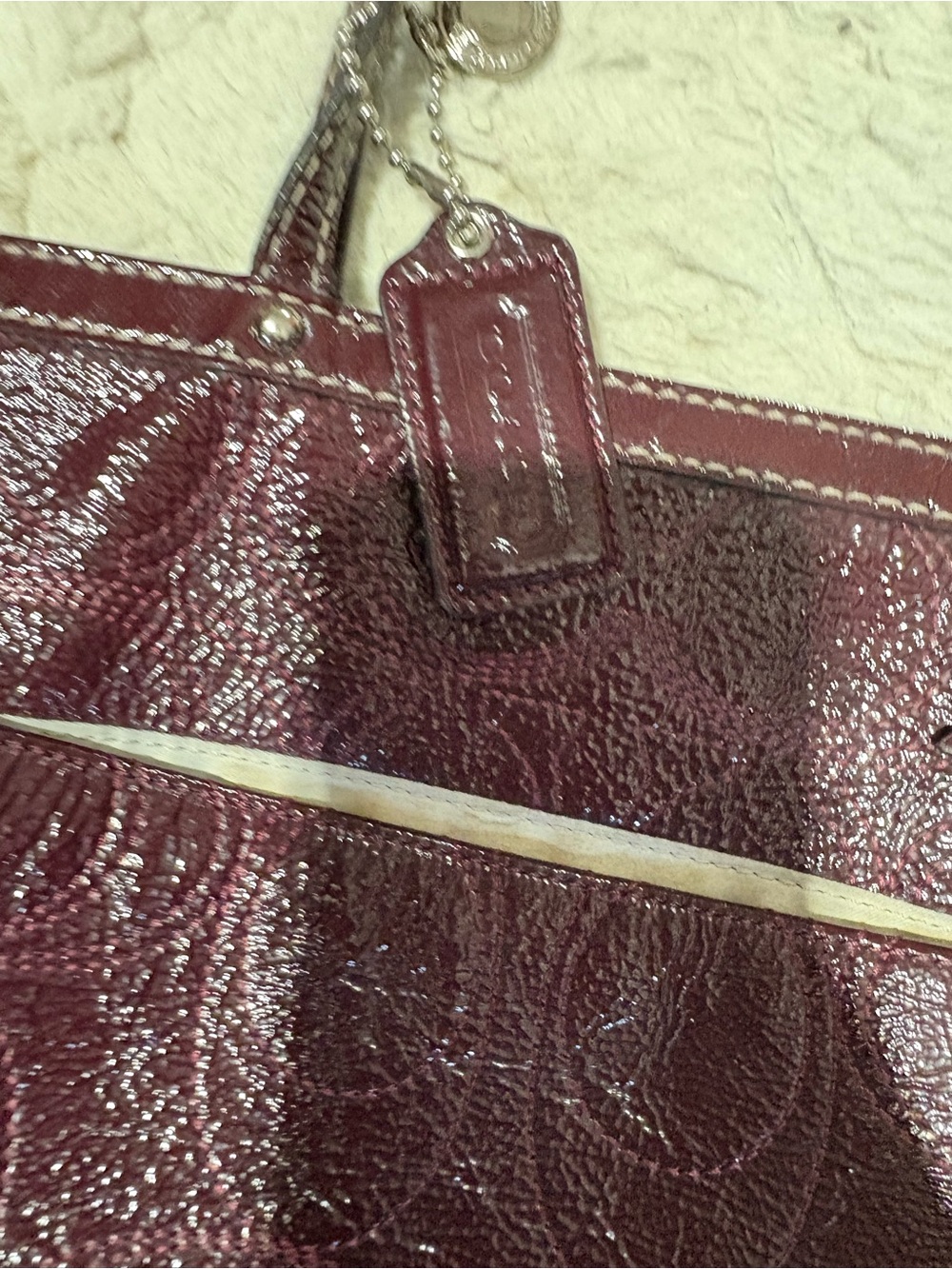 Coach Patent Leather Tote in Burgundy with Charm Tag